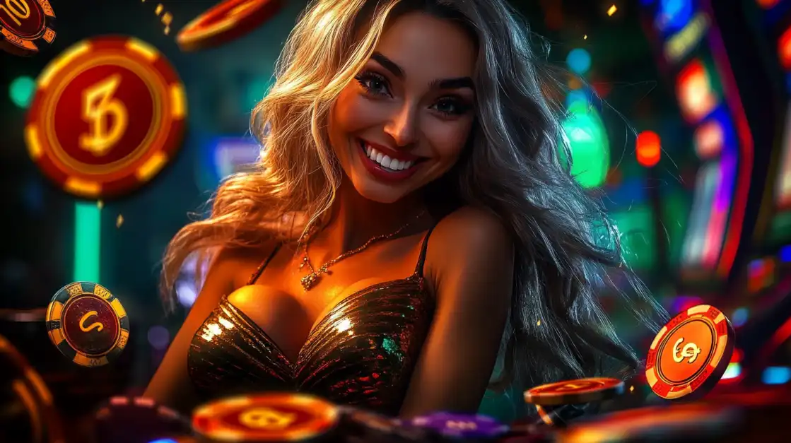Happy blonde woman in golden dress with flying casino chips and dollar symbols in neon casino