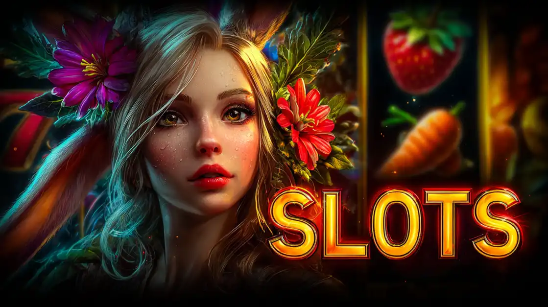 Artistic woman with colorful flowers in hair and fruit symbols with Slots neon text