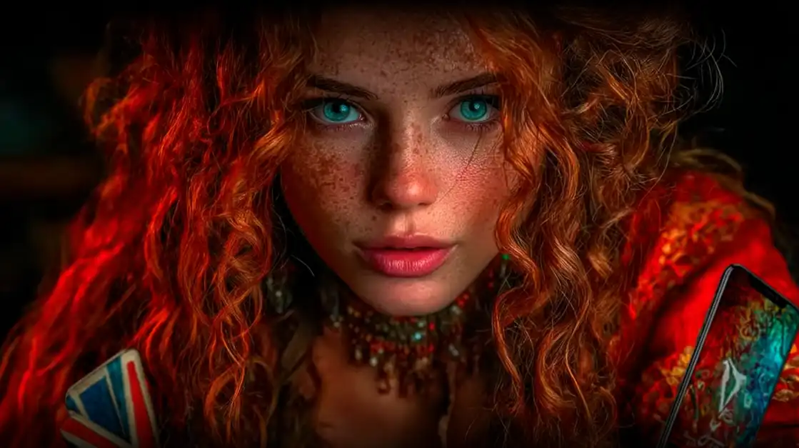 Beautiful redhead woman with freckles and blue eyes holding playing cards in atmospheric lighting