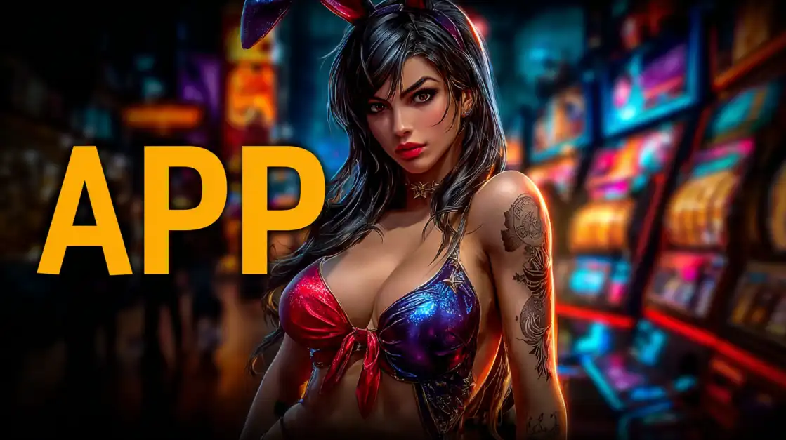 Tattooed woman in red bikini top with large APP text in vibrant casino lighting