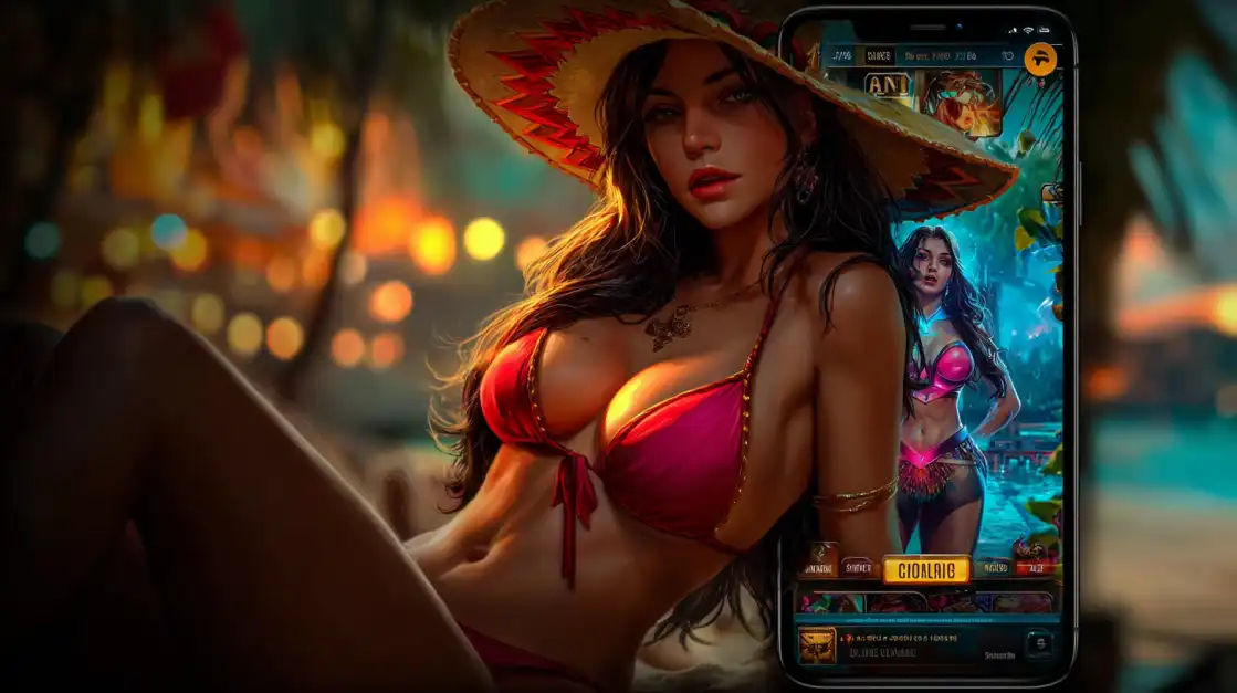 Woman in traditional Mexican sombrero with smartphone showing casino game interface