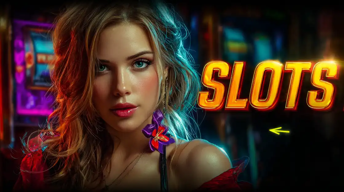 Blonde woman in casino setting with colorful neon Slots sign and gaming atmosphere