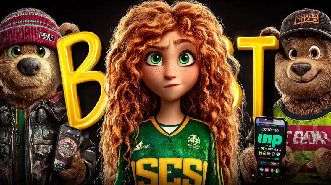 Animated characters including girl in green jersey and cartoon animals with BET lettering