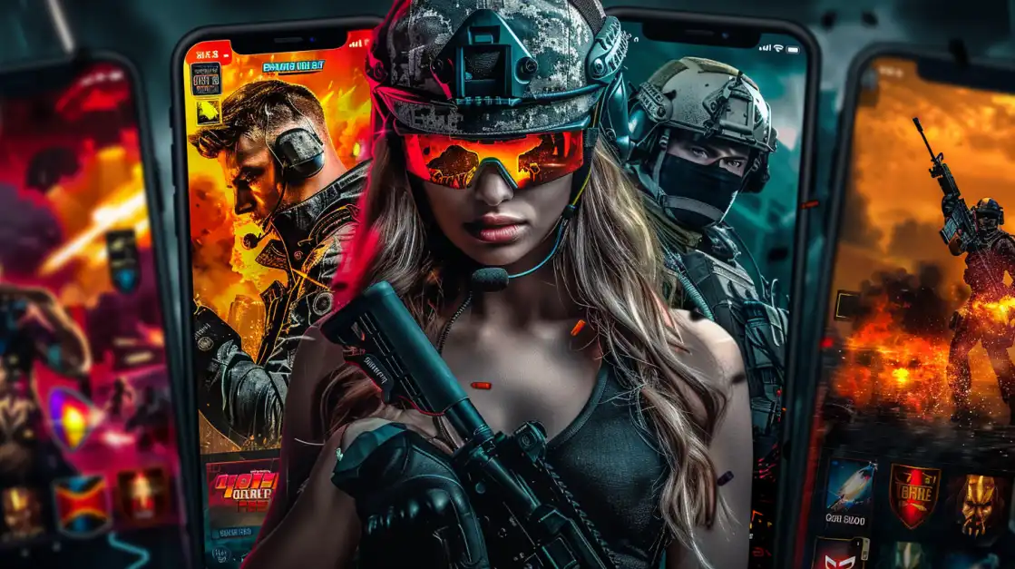 Woman in tactical gear with smartphones displaying action game interfaces