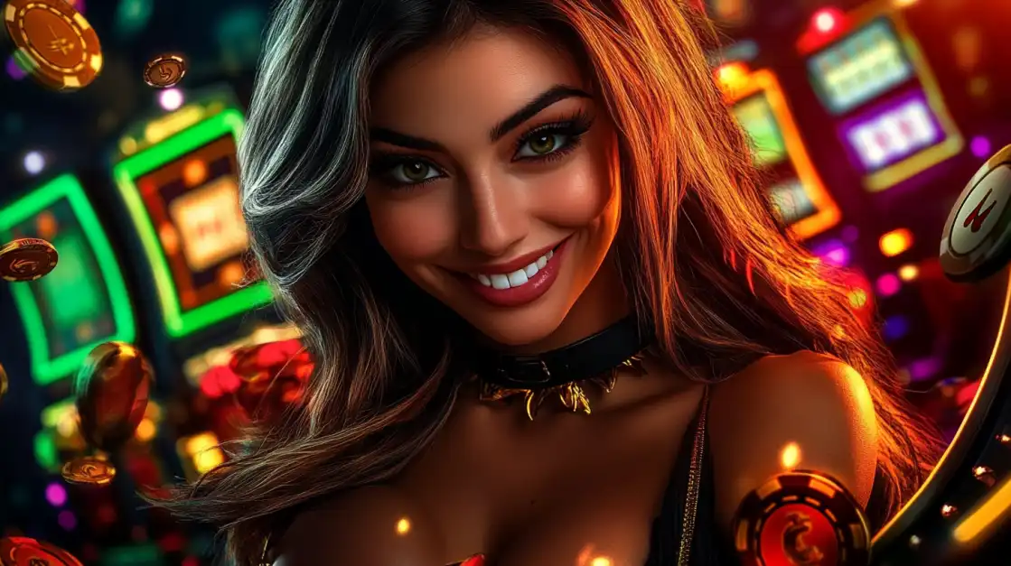Attractive woman with casino chips in glamorous casino setting with slot machines and neon lights
