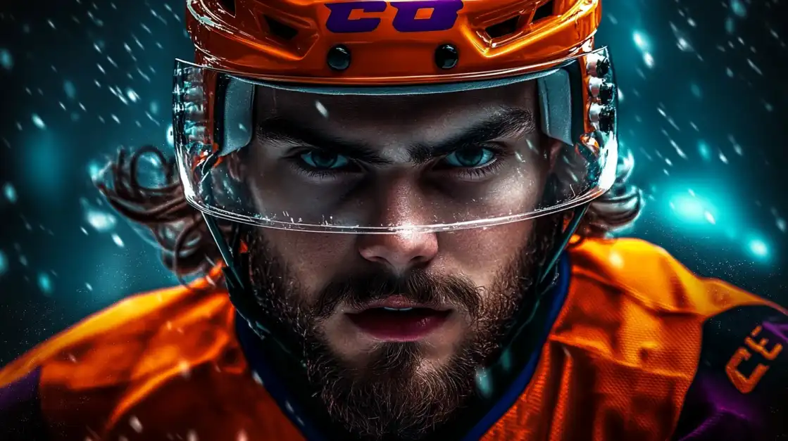 Professional hockey player in orange uniform with helmet in snowy action scene