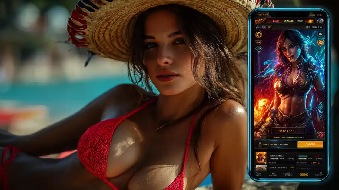 Woman in red bikini by pool holding smartphone showing mobile casino game interface