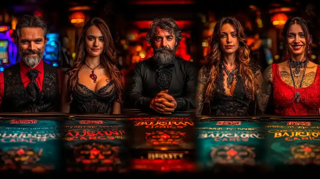 Five professional casino dealers in elegant attire standing behind blackjack gaming table