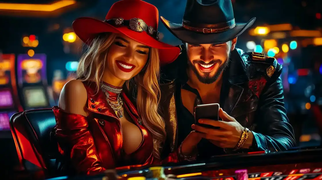 Stylish cowboy and cowgirl in western hats looking at smartphone in casino setting