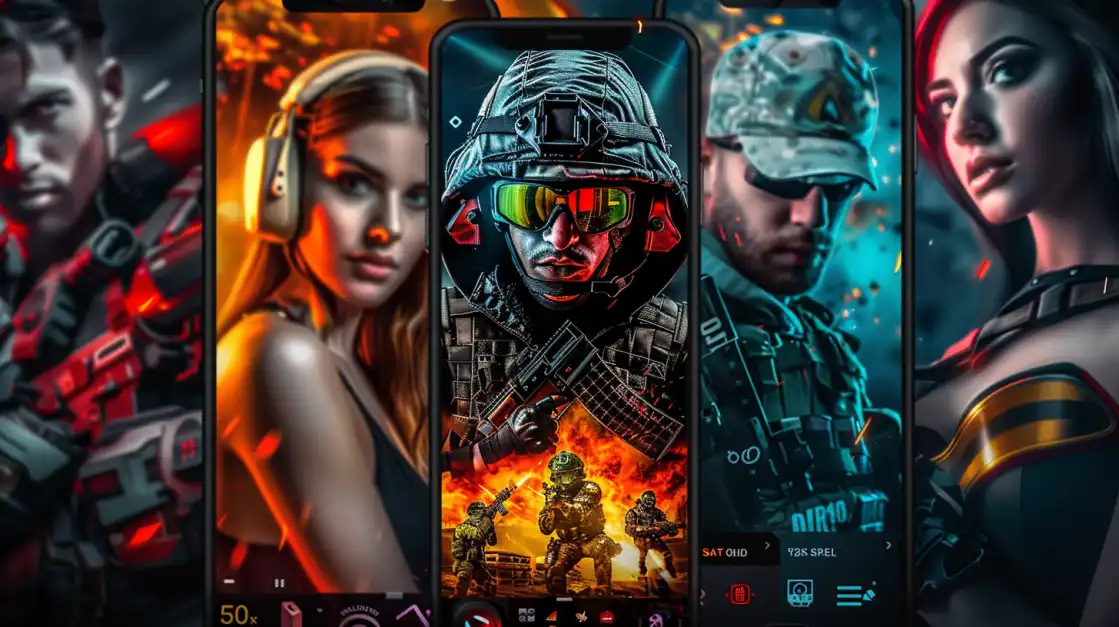 Multiple game characters surrounding smartphone displaying military-themed mobile game interface