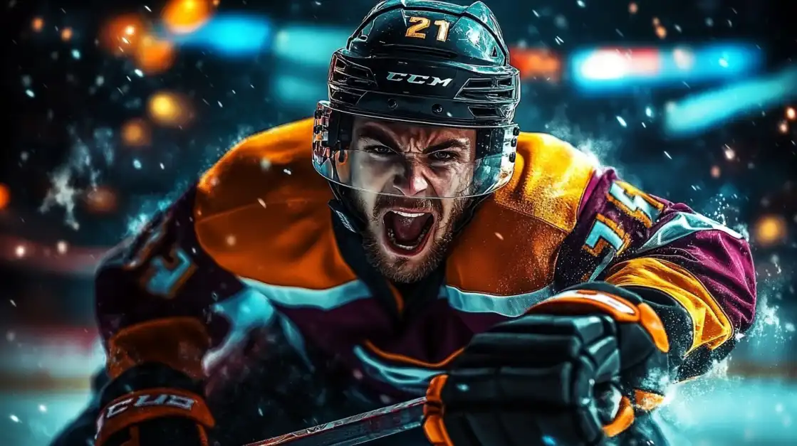 Intense hockey player in helmet and uniform showing determination during winter sports action
