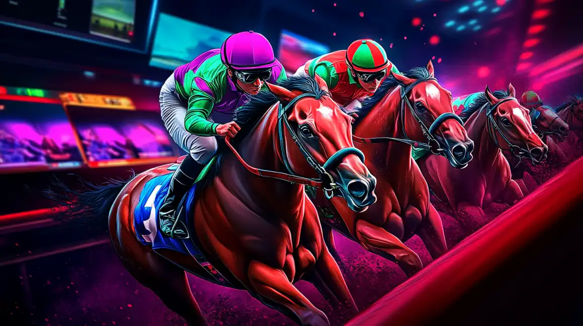 Dynamic horse racing scene with jockeys in colorful silks racing on track with neon lighting effects