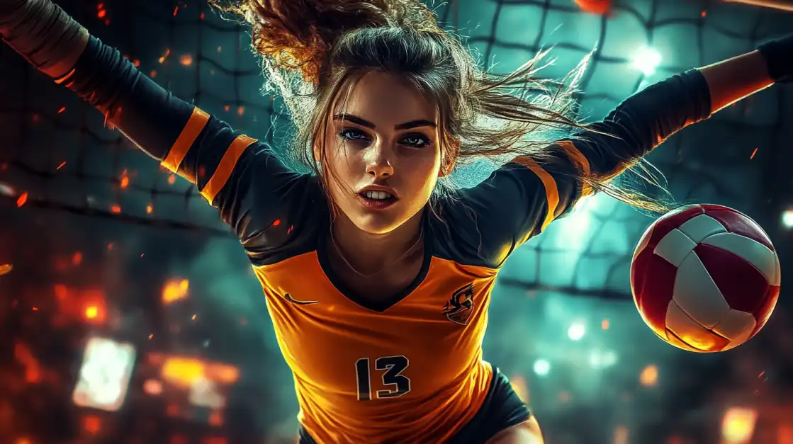 Female volleyball player in orange jersey number 13 in dynamic action pose with volleyball